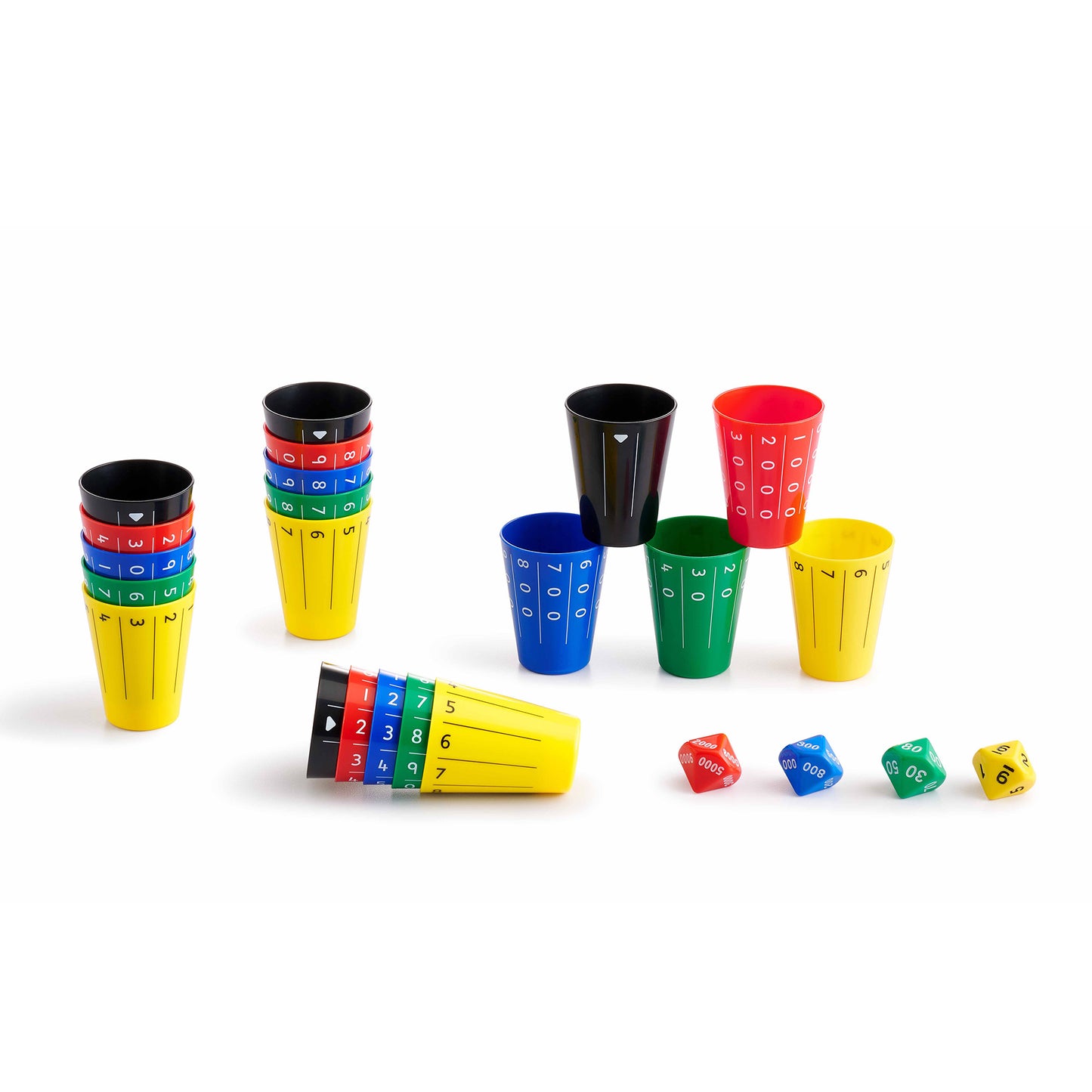 A colorful plastic toy cup set with numbered cups in multiple colors, including yellow, blue, green, red, black, and white, along with small matching dice, arranged on a plain white background.