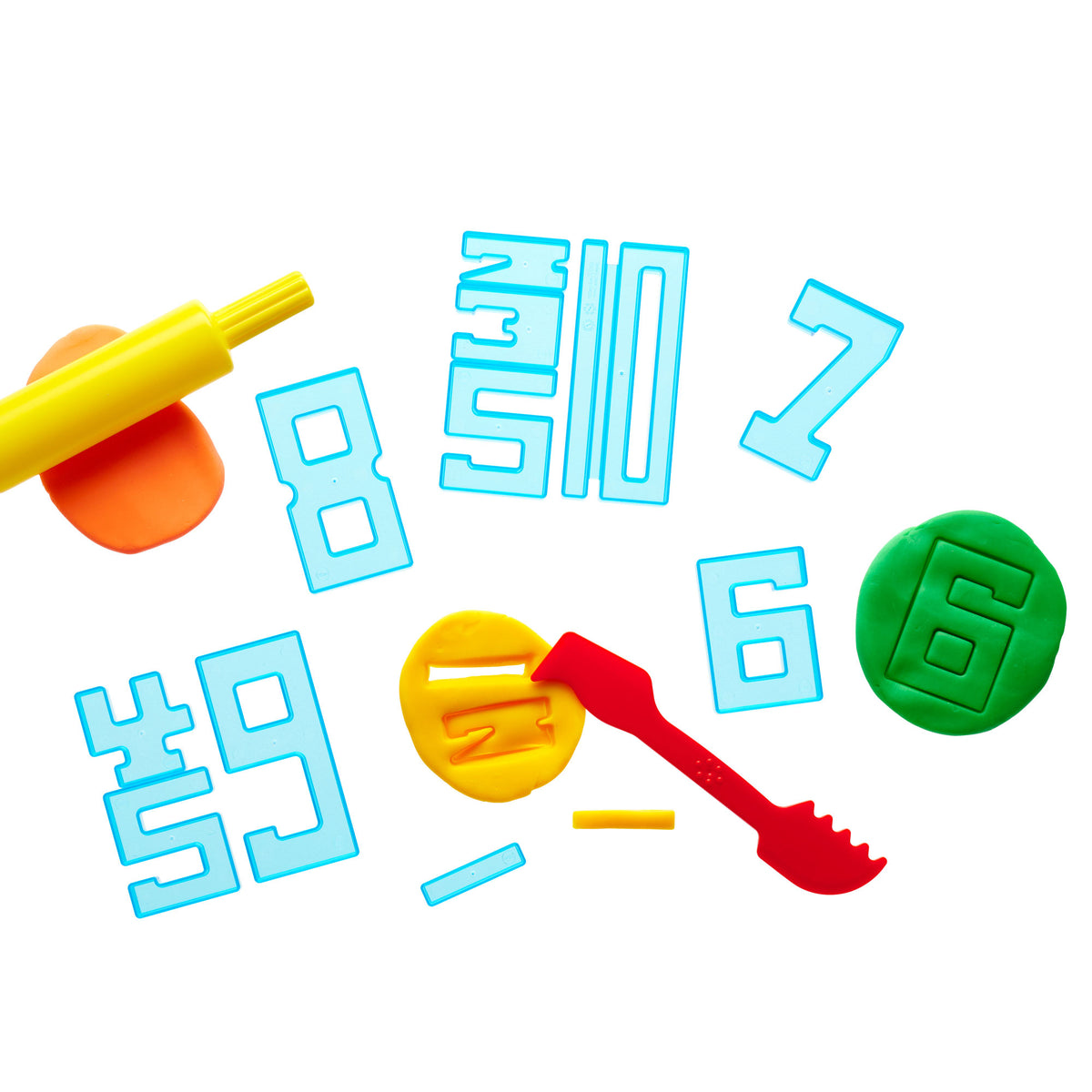 A colorful children's craft set on a white background, including a yellow rolling pin, orange clay, blue number cutters, a red clay roller, yellow and red clay tools, and green and yellow clay pieces.
