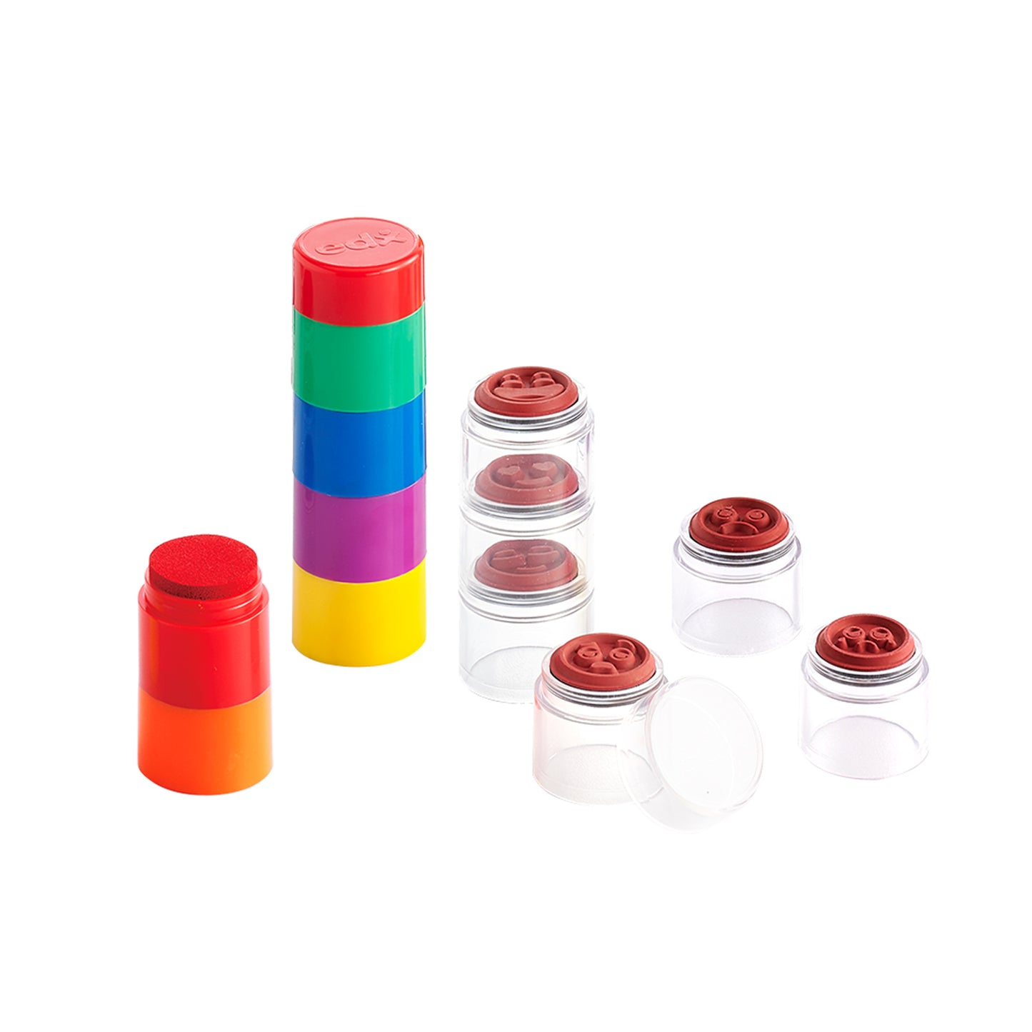 A set of small clear plastic pill bottles with colorful stacked screw caps in red, orange, yellow, purple, blue, green, and red, shown on a plain white background.