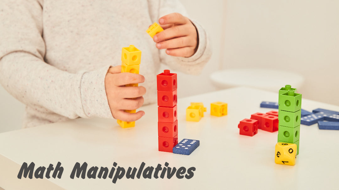 Child using colorful interlocking math manipulatives to build number towers on a table, with text overlay reading 'Math Manipulatives'.