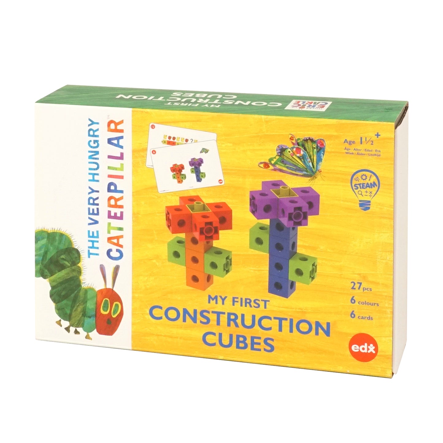 The Very Hungry Caterpillar™ My First Construction Cubes – Product Packaging Front View. Includes 27 colorful interlocking cubes and activity cards for early STEM learning.